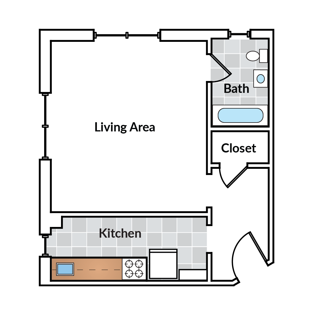 Floor plan for studio, 1 bath, 482 sqft